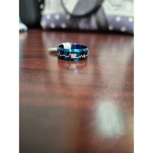 Heartbeat Engraved Blue Stainless Steel Ring Size 8.5 Minimalist Design For Men